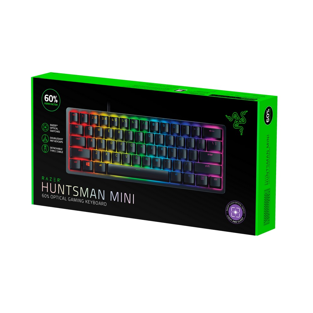 Razer Huntsman Mini Purple Switch compact gaming keyboard angled product view