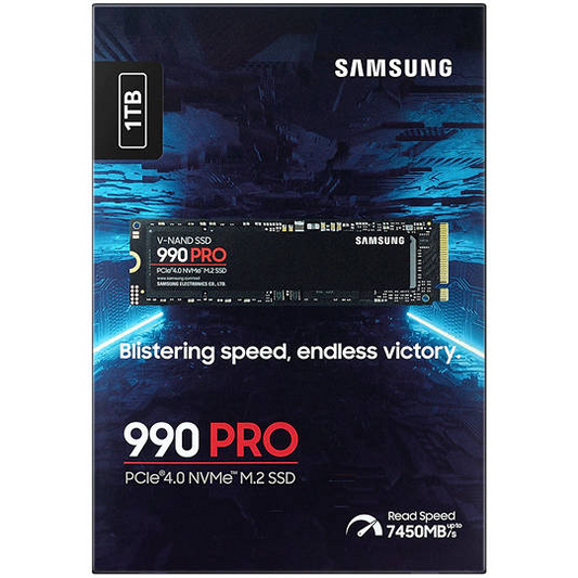 Samsung 990 PRO 1TB PCIe 4.0 NVMe M.2 SSD front view for gaming PC builds in Dubai