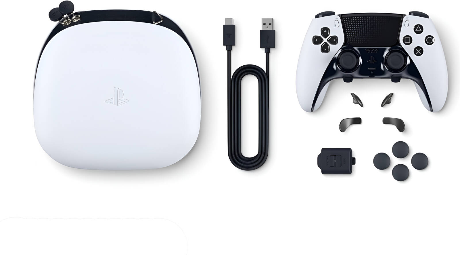 White and black PlayStation 5 DualSense wireless controller shown with a white zippered carrying case, black USB cable, and several black grip/accessory pieces on a clean white background.
