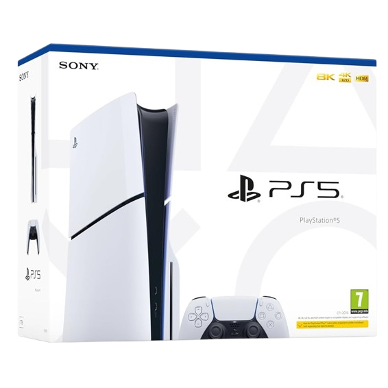 Sony PlayStation 5 (PS5) 8K 4K Ultra HD gaming console in white and black, shown alongside its retail box and matching DualSense wireless controller on a white background.