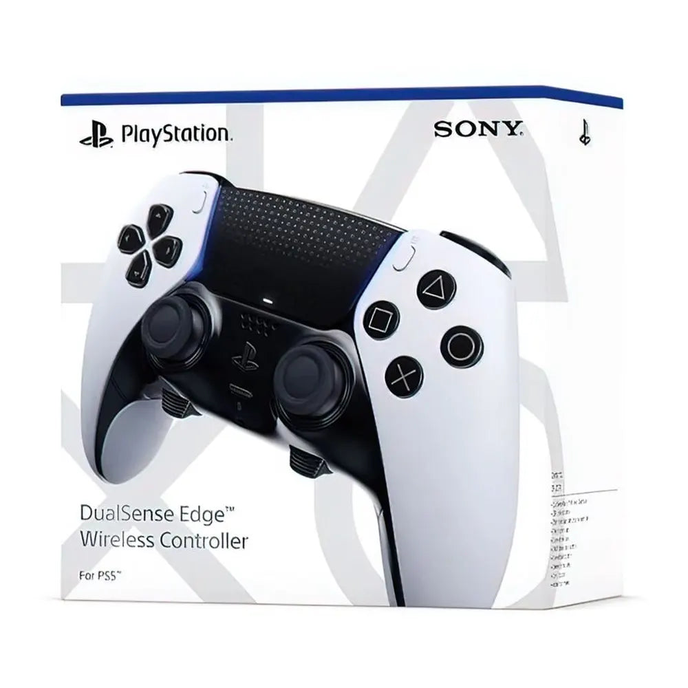 Sony PlayStation DualSense Edge Wireless Controller in white and black, shown on its retail packaging box. The box features the PlayStation and SONY logos and a graphic of the controller.