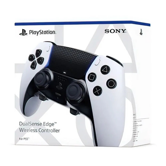 Sony PlayStation DualSense Edge Wireless Controller in white and black, shown on its retail packaging box. The box features the PlayStation and SONY logos and a graphic of the controller.