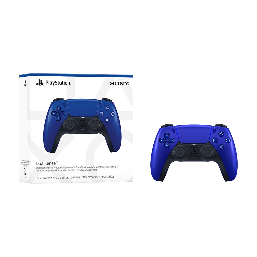 A PlayStation 5 DualSense wireless controller in royal blue is shown next to its retail packaging box. The box features the PlayStation and SONY logos and an illustration of the blue controller.