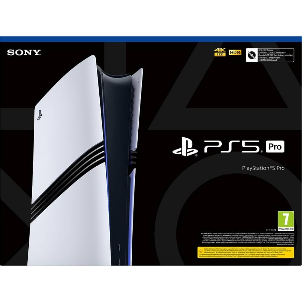 Sony PlayStation 5 Pro console shown in a clean studio-style product image on a black background with Sony and PS5 Pro branding, plus 4K HDR and age rating icons.
