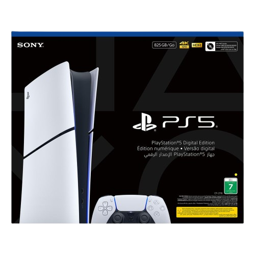 Sony PlayStation 5 Digital Edition retail box showing a white PS5 console, a matching controller, and product details on a black background.