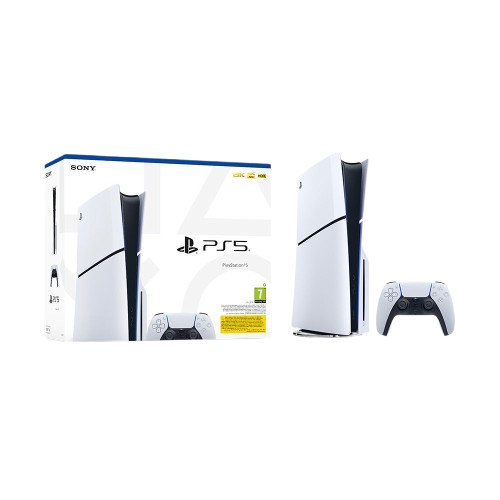 Sony PlayStation 5 console shown in white and black, alongside its retail box and a matching white and black DualSense controller on a plain white background.