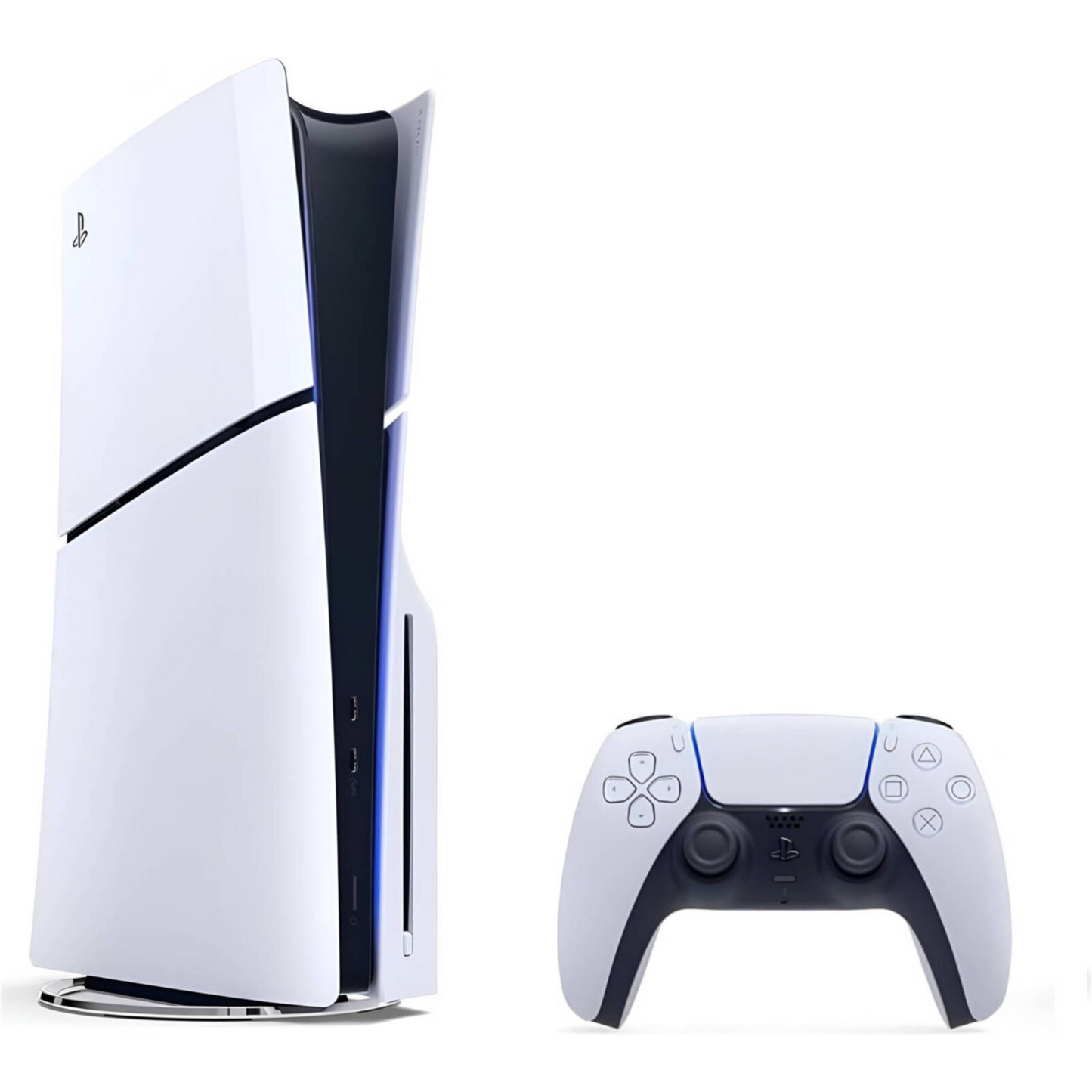 PlayStation 5 console in white with a matching white and black DualSense wireless controller on a plain white background.