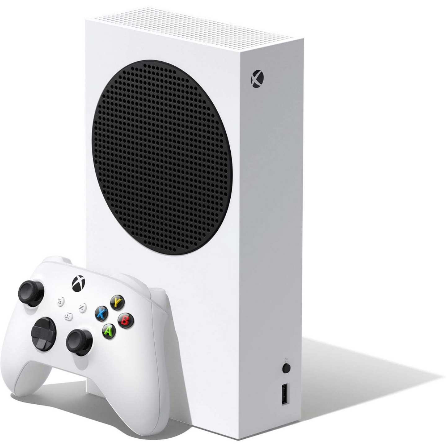 White gaming console and controller on a white background