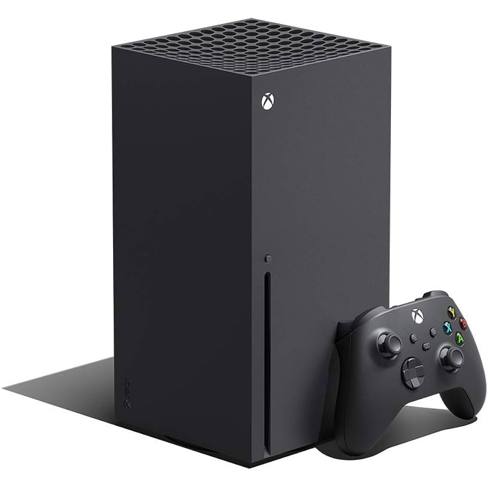 Black Xbox Series S console standing upright next to a matching black wireless controller on a white background.