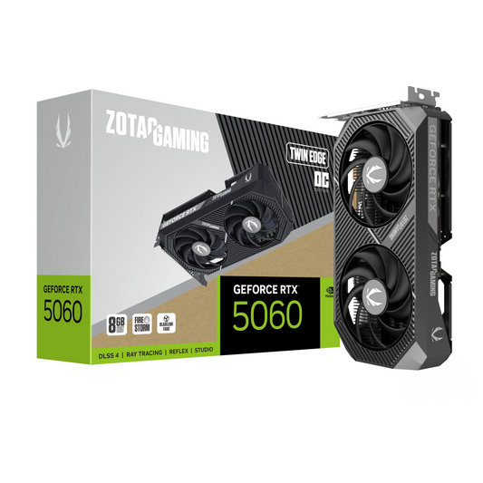 ZOTAC Gaming GeForce RTX 5060 Twin Edge OC 8GB graphics card front view for gaming PC builds in Dubai